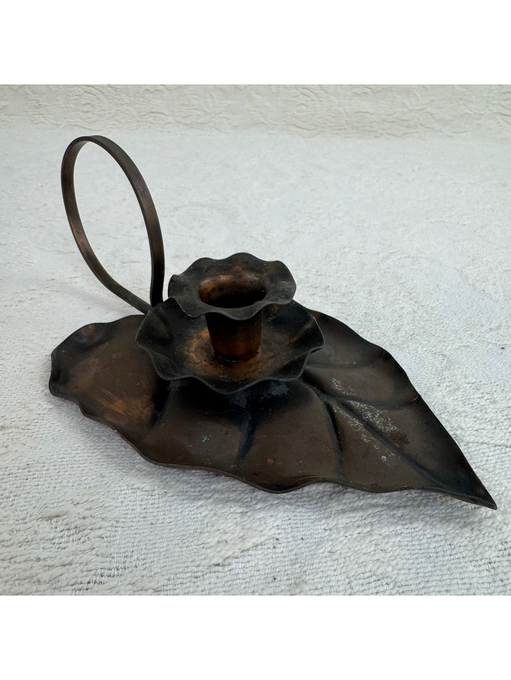 Vintage Brass Leaf Chamberstick Candle Holder Large Loop Handle Aged Patina